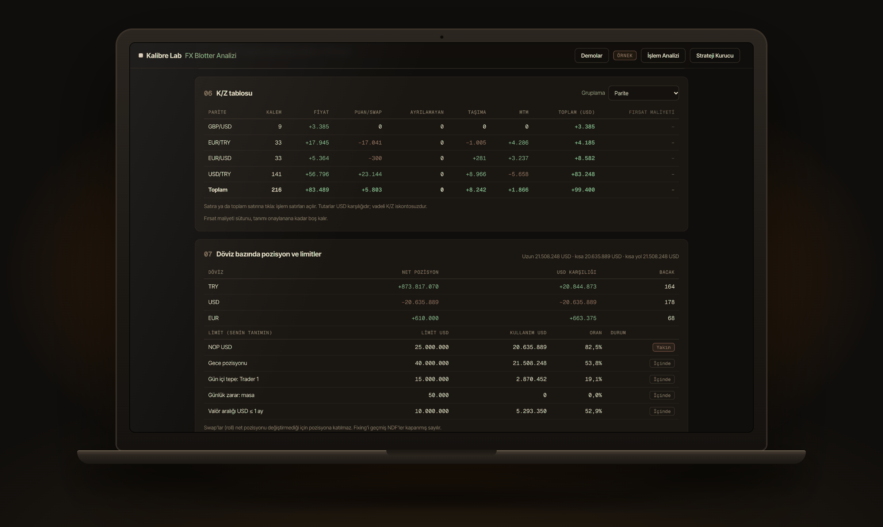 Dizüstünde FX Blotter Analytics: örnek blotter'ın parite bazında fiyat, puan, taşıma ve MTM olarak ayrılmış K/Z tablosu